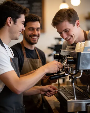 Three young smiling baristas cleaning an espresso machine in a cozy cafe with warm lighting.
