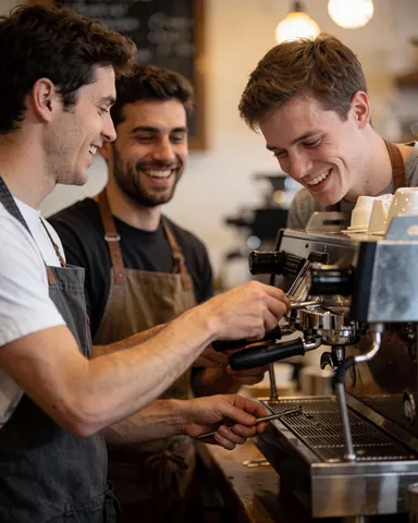 Three young smiling baristas cleaning an espresso machine in a cozy cafe with warm lighting.