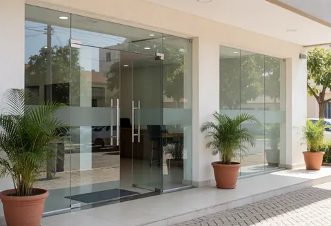 Modern commercial storefront facade featuring glass doors, potted plants, and bright natural daylight illuminating the entrance area.