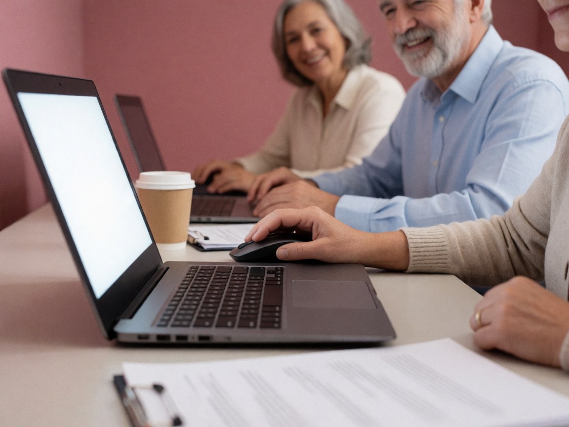 Three adults collaborating on laptops with documents and coffee, highlighting sales productivity and teamwork in a professional office setting.