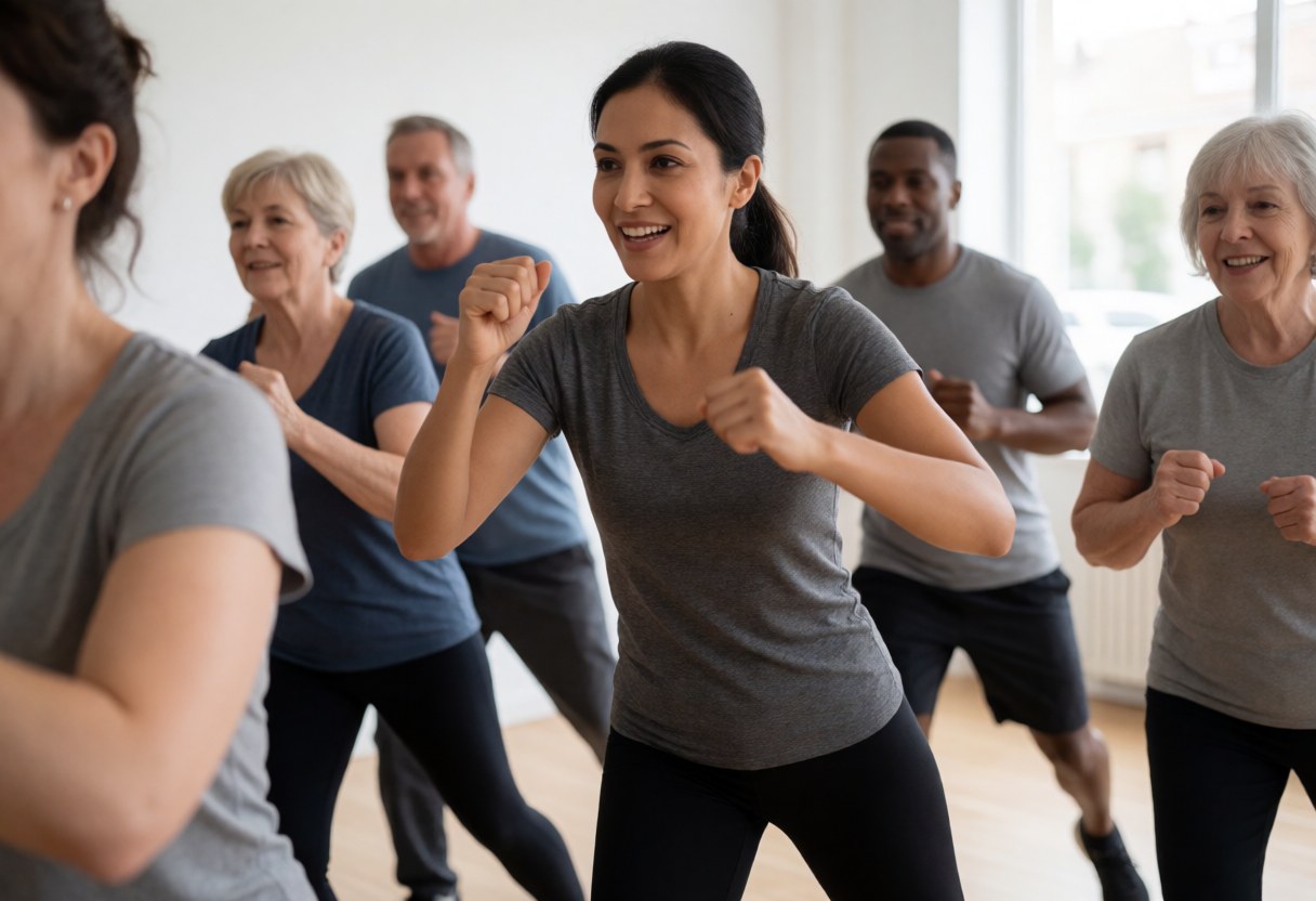 Female aerobics instructor guiding a diverse group of adults through synchronized movements in a bright, energetic gym setting.
