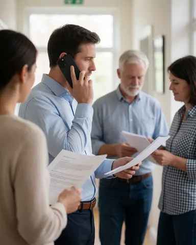 Human resources manager talking on a cell phone while holding documents during an office meeting with colleagues reviewing papers.