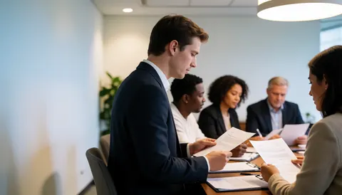 A group of professionals gathered around a large table for a business meeting with documents and a presentation screen visible in a bright office setting
