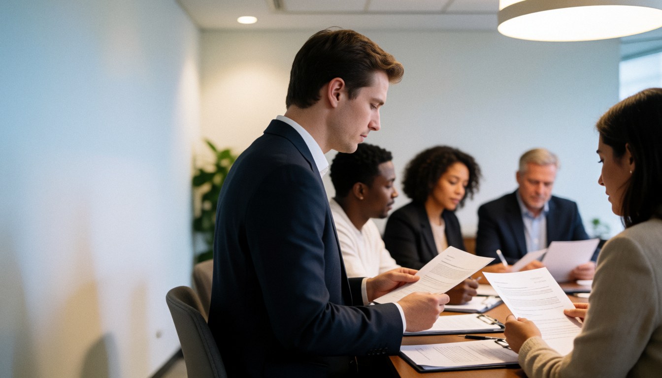 A group of professionals gathered around a large table for a business meeting with documents and a presentation screen visible in a bright office setting