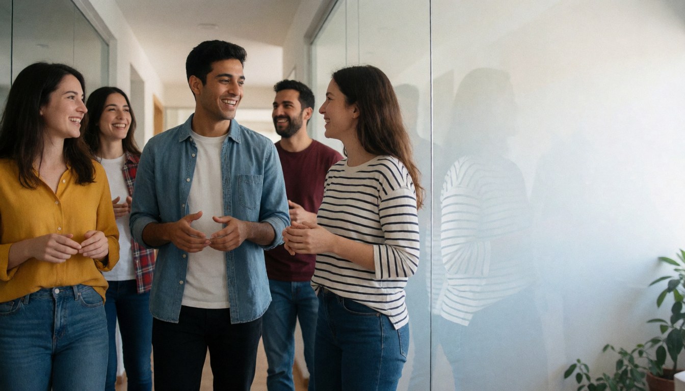 A group of young startup professionals collaborating and smiling during a meeting in a bright, modern office hallway with glass walls and indoor plants