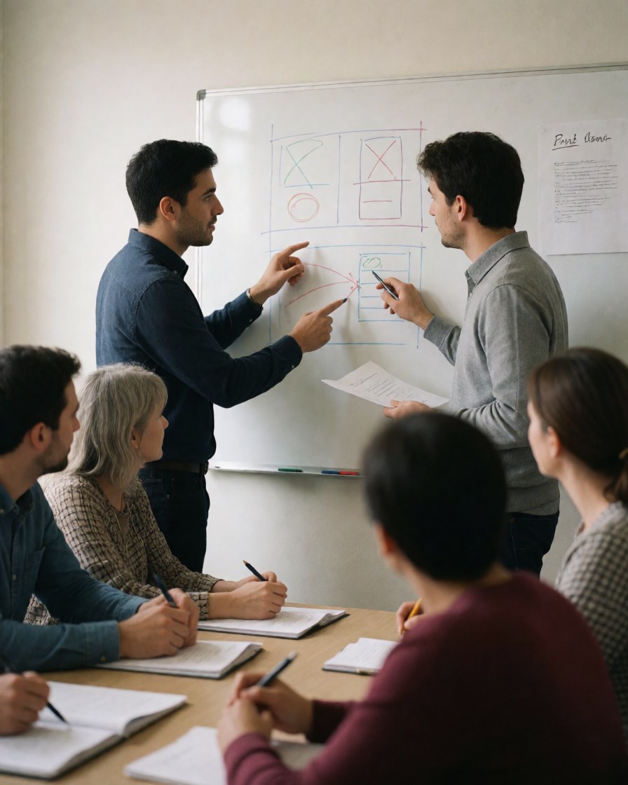 Two men explain a diagram on a whiteboard while other team members take notes at the table during a professional meeting.