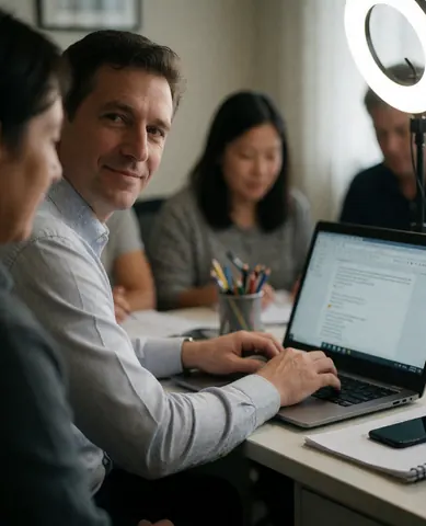 A man works on a laptop at an office desk with ring lighting, while colleagues are visible in the background of a professional workspace.