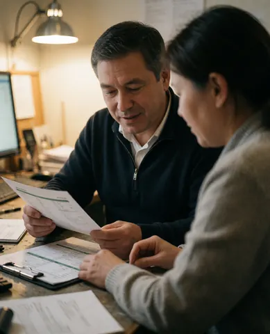 A man and woman review documents at a desk with a computer, showing focused professional interaction in a warm office setting.