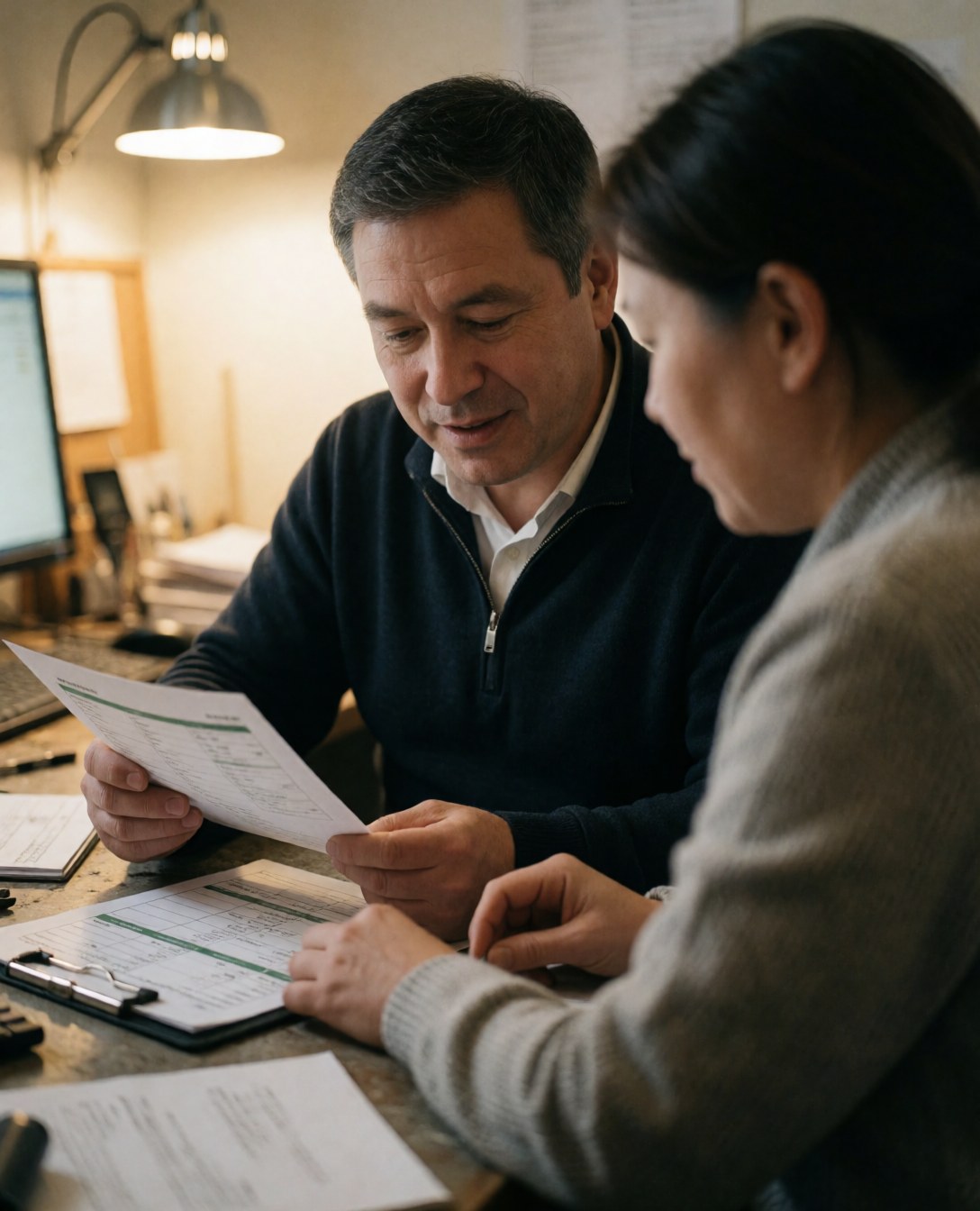 A man and woman review documents at a desk with a computer, showing focused professional interaction in a warm office setting.