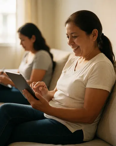 A smiling woman sitting comfortably on a chair in her living room, using a tablet computer with natural light illuminating the scene.