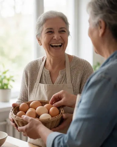 A smiling woman receives a basket of eggs from another woman in a kitchen with natural light and a plant in the background.