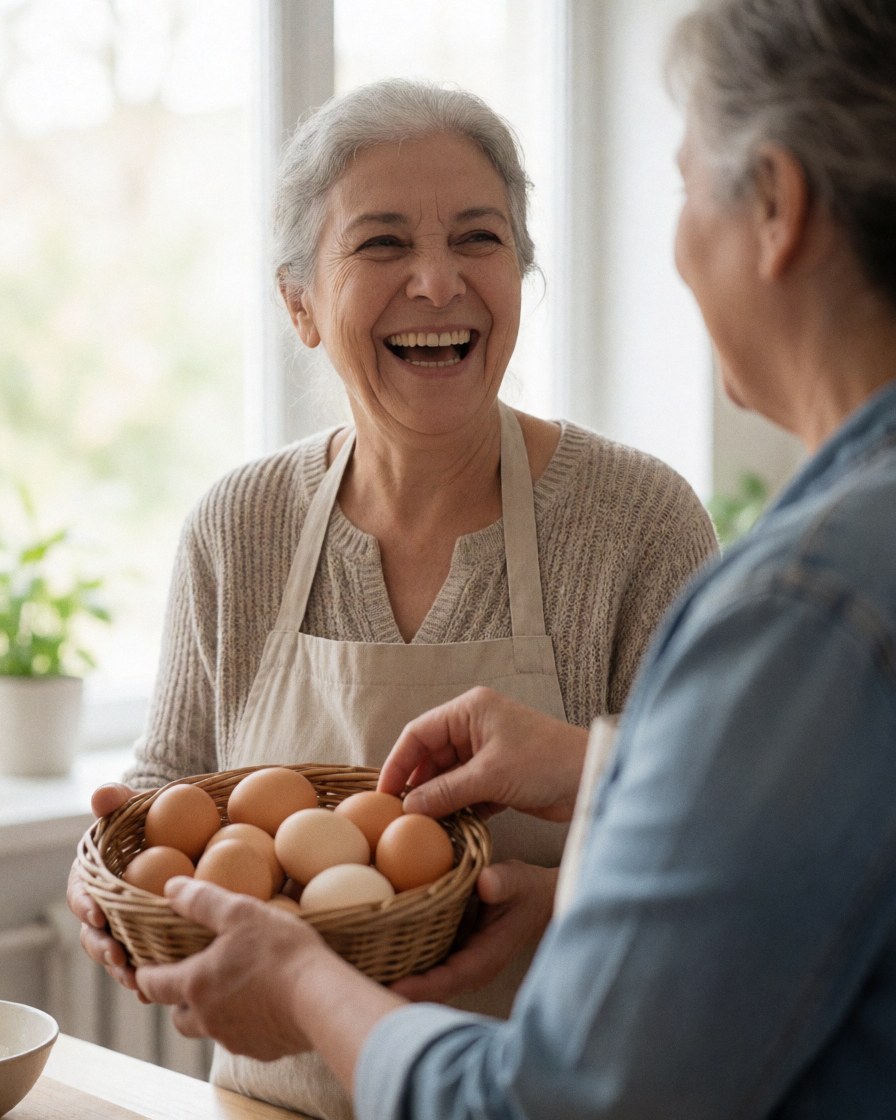 A smiling woman receives a basket of eggs from another woman in a kitchen with natural light and a plant in the background.