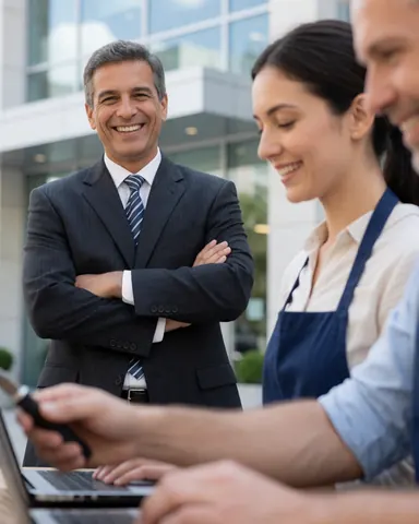 A satisfied male executive wearing a suit and tie smiles while standing in a modern office building with natural light.