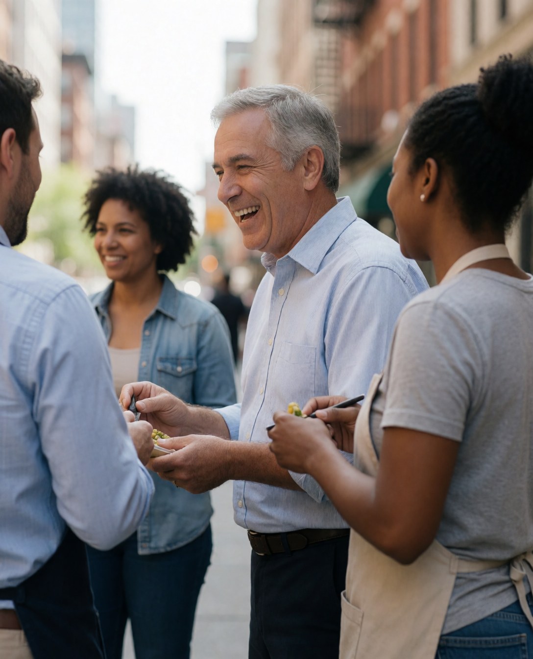 A group of colleagues laughing and sharing fast food on a city street with urban buildings in the background