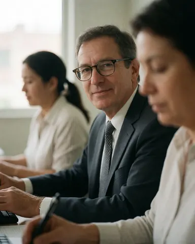 Man in glasses and suit working on computer in modern office with colleagues nearby in natural light