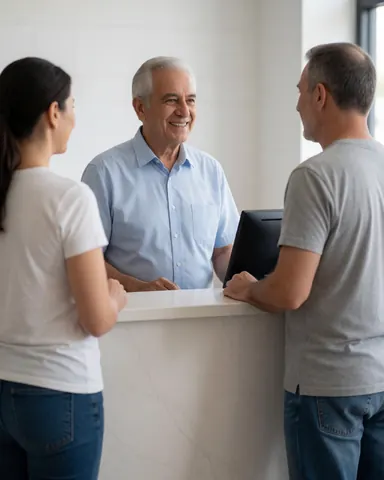 Smiling receptionist assisting two clients at a modern gym reception desk with white tables and a computer in a professional setting