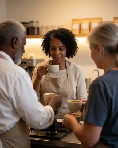A satisfied customer enjoying a cup of coffee at a cafe in Berlin