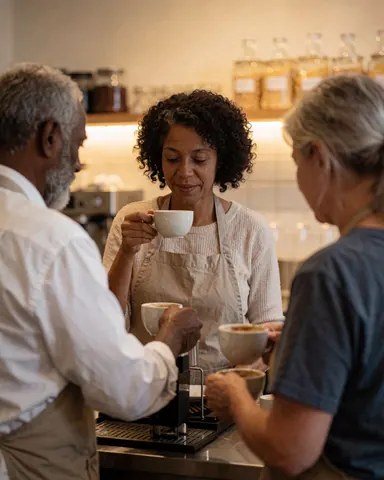 A satisfied customer enjoying a cup of coffee at a cafe in Berlin