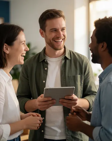 Three smiling professionals working together in a bright modern office using a tablet, showcasing teamwork and collaboration.
