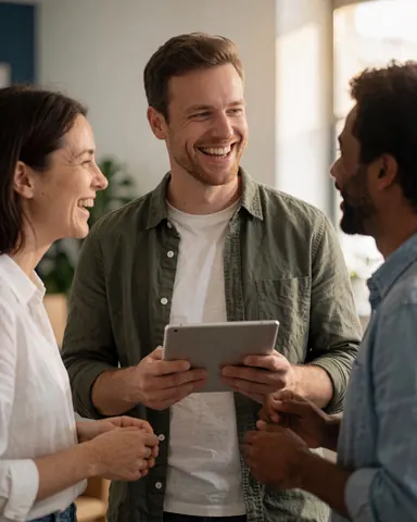 Three smiling professionals working together in a bright modern office using a tablet, showcasing teamwork and collaboration.