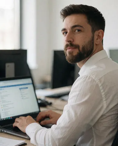 A young bearded man in a white shirt works on a laptop in a modern office, looking confidently at the camera.