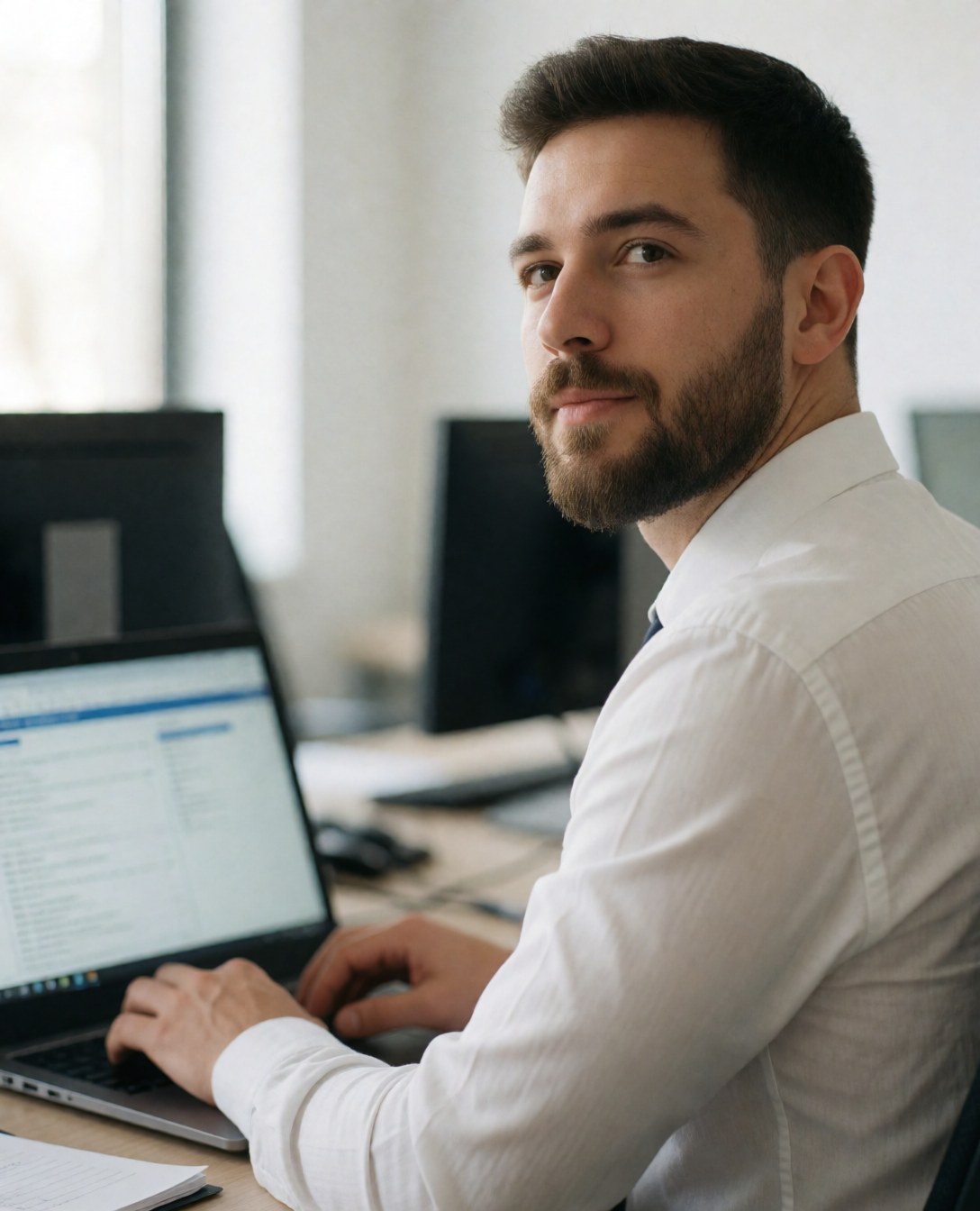 A young bearded man in a white shirt works on a laptop in a modern office, looking confidently at the camera.