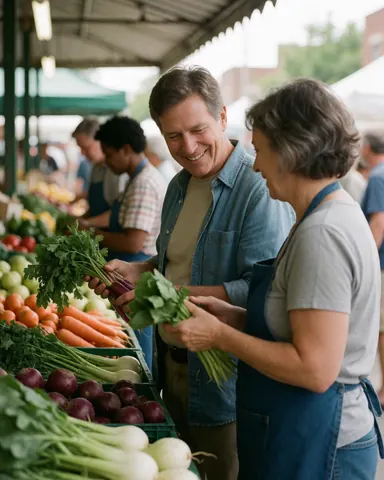 A smiling couple examines fresh produce while shopping for vegetables at an outdoor market stall.