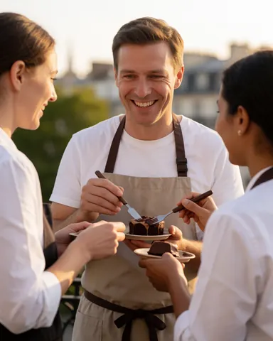 Three smiling people share a chocolate cake on a terrace at sunset with a city view in the background