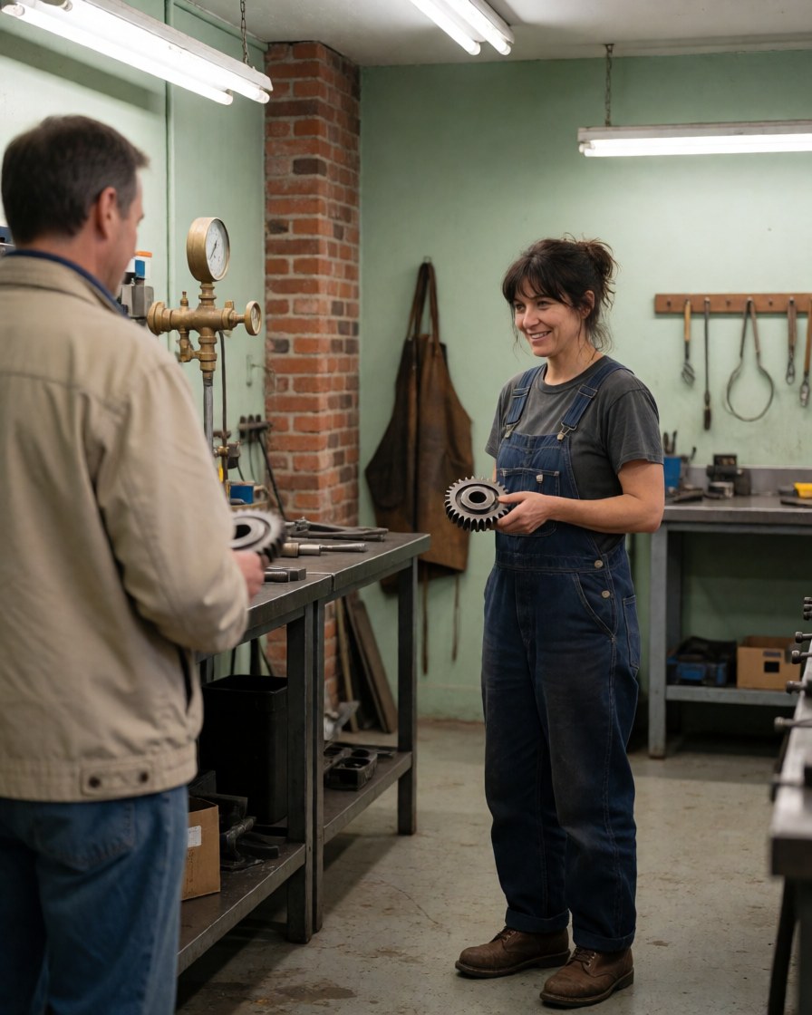 Happy female worker in industrial workshop with green walls, brick chimney, hanging tools, and a gear, showing satisfaction and manual work.