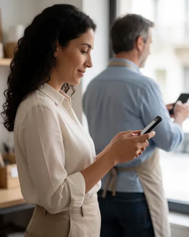 A smiling professional woman stands near a window with natural light, checking her cell phone in a modern office while a man stands in the background.