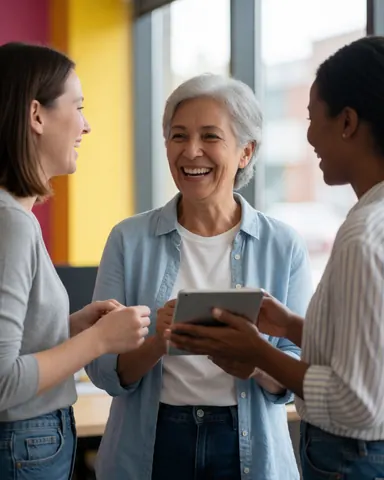 Three women laughing while reviewing a tablet during a team meeting in a bright office with colorful walls