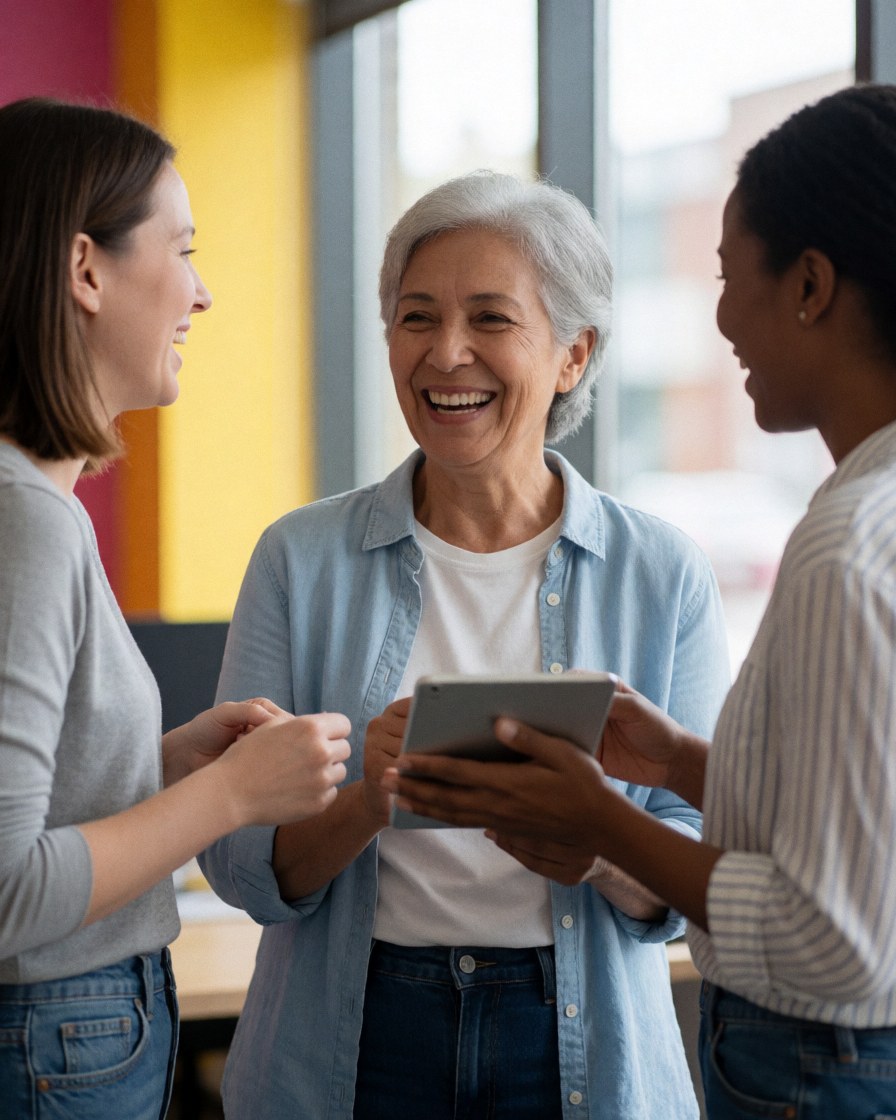 Three women laughing while reviewing a tablet during a team meeting in a bright office with colorful walls