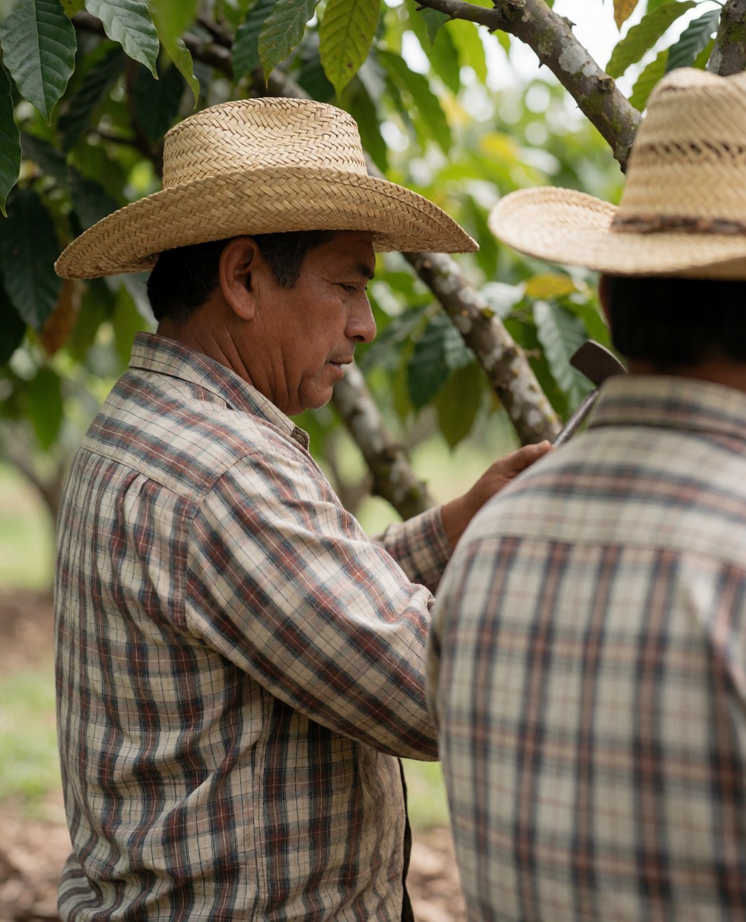 A cocoa farmer wearing a plaid shirt and straw hat tends to cocoa trees in a lush green field, holding a harvesting tool with a blurred background.