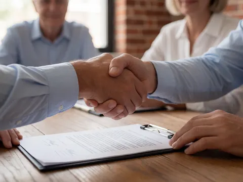Two people shaking hands over a signed contract on a wooden desk with a brick wall background symbolizing a professional agreement