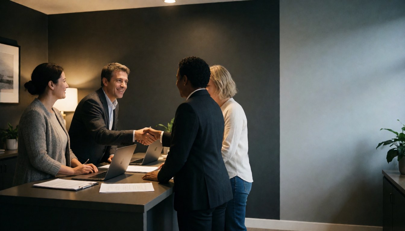 Close-up of hands signing a business contract on a wooden desk with a laptop and documents nearby