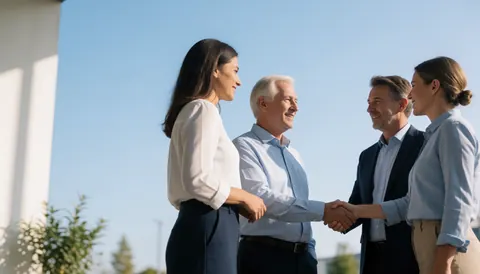 Four smiling professionals shaking hands in front of a modern white building under a clear blue sky, symbolizing partnership and agreement.