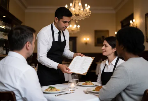 A waiter presents a menu to seated diners at a formal table set with wine and fine dining ware under warm chandelier lighting.