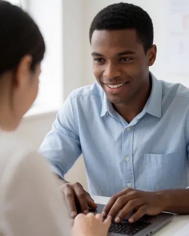 A smiling man types on a laptop in a bright modern office while a colleague sits nearby, illustrating online course instruction.