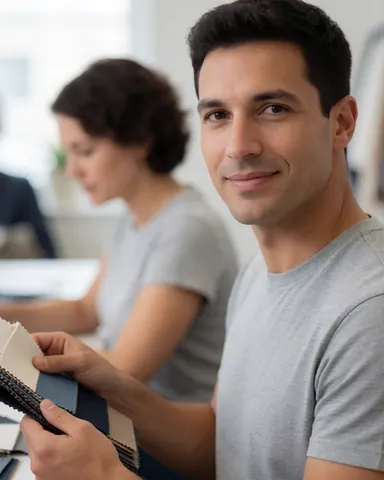 A young male furniture designer holds fabric samples in a studio while a colleague works in the background, showcasing a creative professional environment.