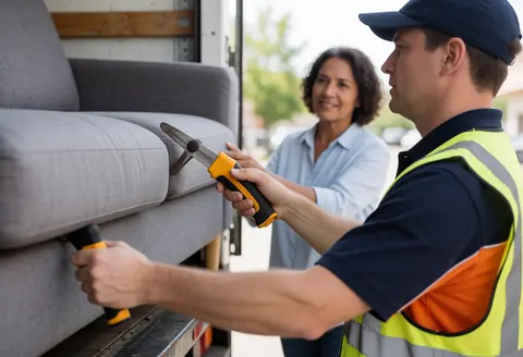 A furniture store worker loads a gray sofa onto a truck while a female customer watches nearby during an outdoor delivery service