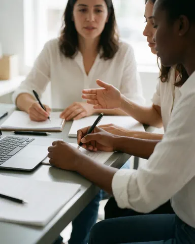 Two professional women working together in a modern studio, taking notes and discussing content on a laptop and notebooks.