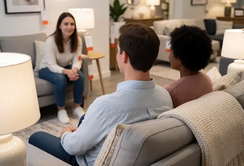 A happy couple tests a sofa's comfort in a well-lit furniture store while a smiling sales associate assists them nearby.
