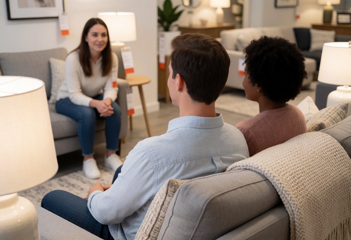 A happy couple tests a sofa's comfort in a well-lit furniture store while a smiling sales associate assists them nearby.