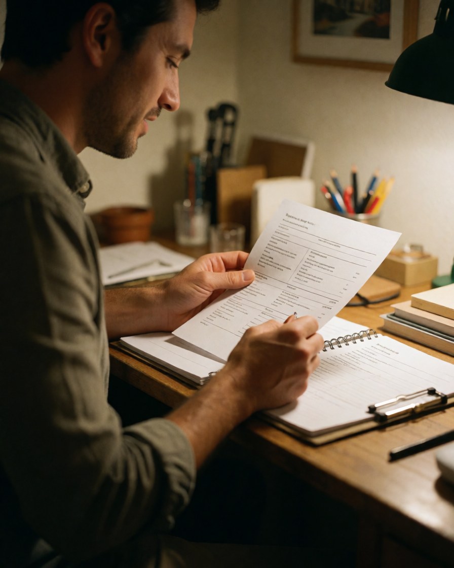 A man reviewing a document on a wooden desk in an office with warm lighting, a notebook, pen, and pencils around, creating a calm and productive work atmosphere.