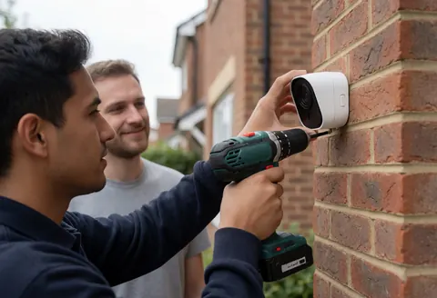Technician installing a security camera on an exterior brick wall during a cloudy day using a drill for home safety.