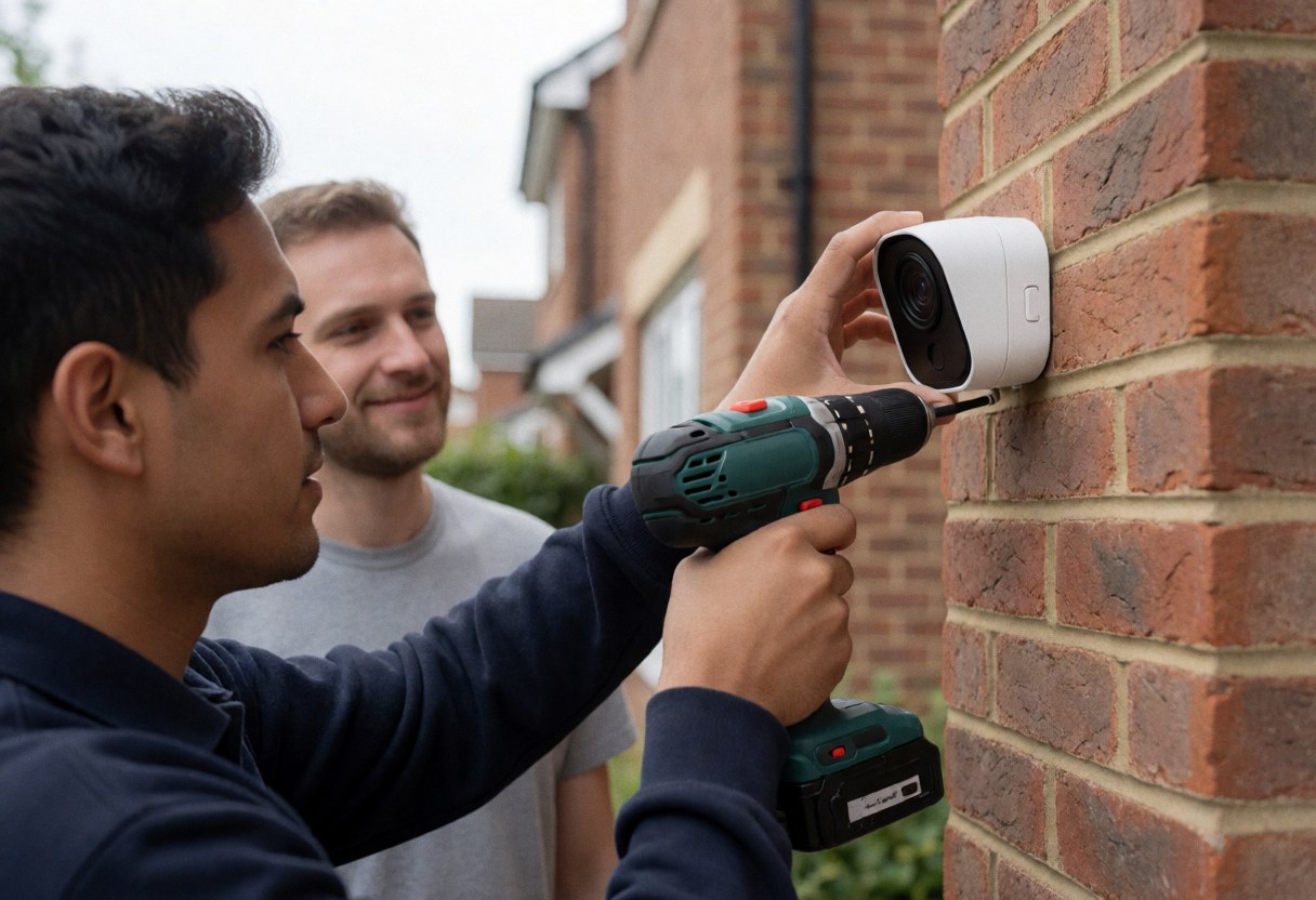 Technician installing a security camera on an exterior brick wall during a cloudy day using a drill for home safety.