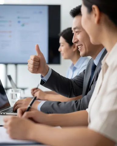 A smiling executive gestures approval during a corporate meeting while colleagues work on laptops with a presentation screen in the background.
