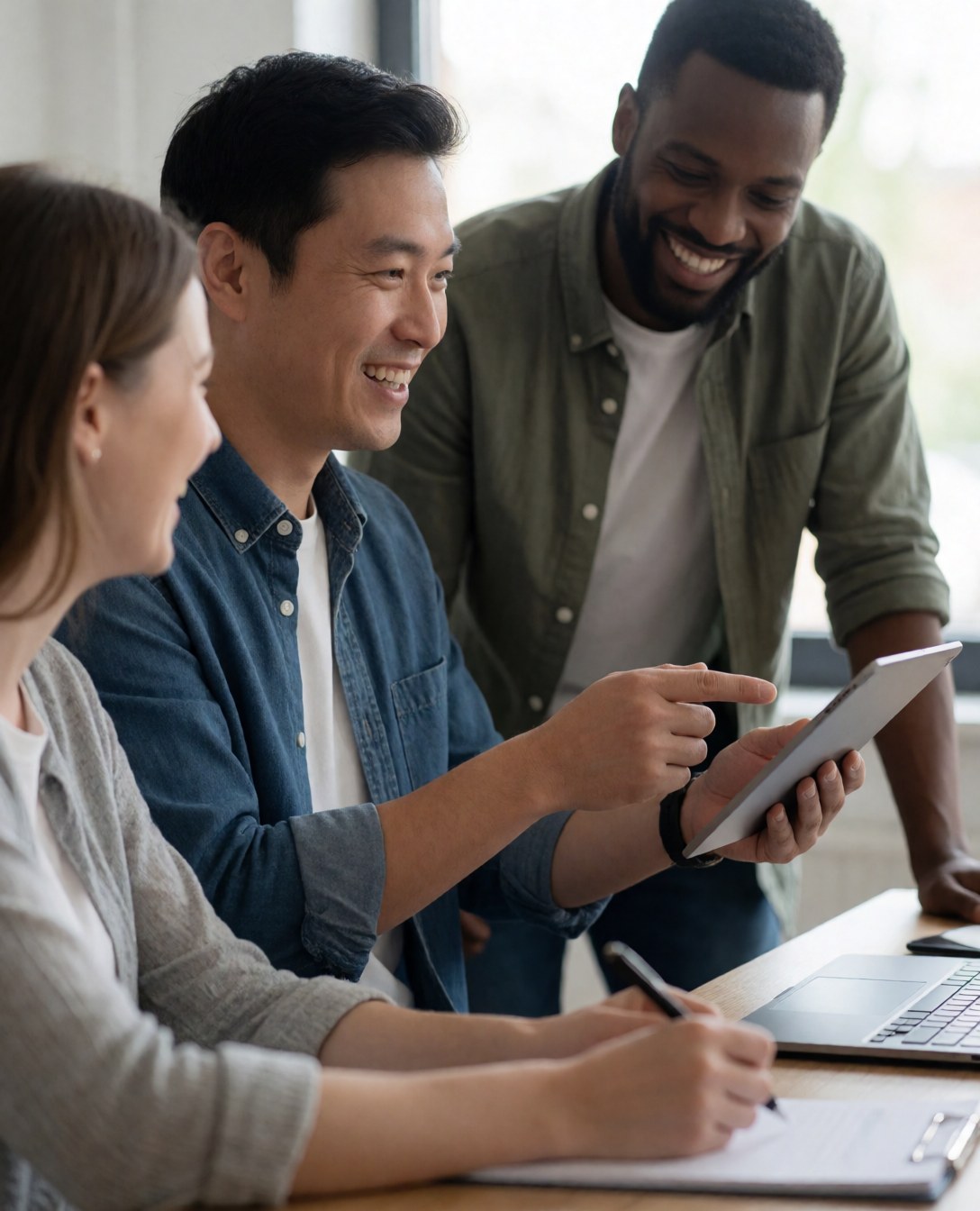 Three diverse professionals in a modern office meeting, smiling while reviewing a travel itinerary on a tablet together.