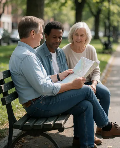 A senior couple sits on a park bench looking at a map, planning their next trip surrounded by trees and natural light.