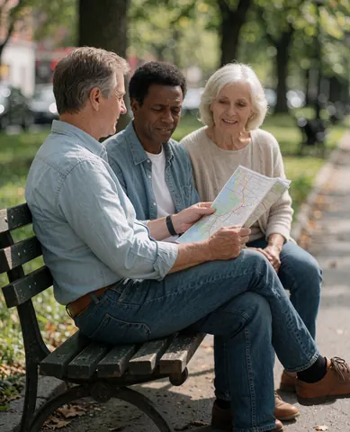 A senior couple sits on a park bench looking at a map, planning their next trip surrounded by trees and natural light.